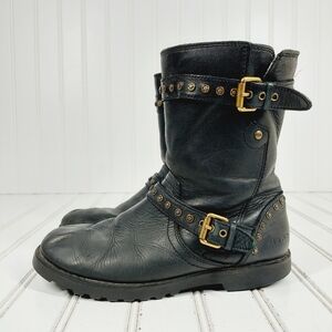 Ugg Jamie Black Leather Riveted Biker Punk Combat Ankle Boots F34